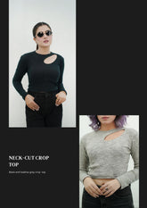 Women's Cut Out Crop Tops Long Sleeve Crew Neck Shirts