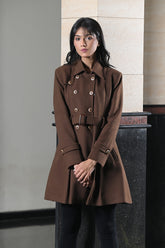 Women Wool Long Coat Dark Brown