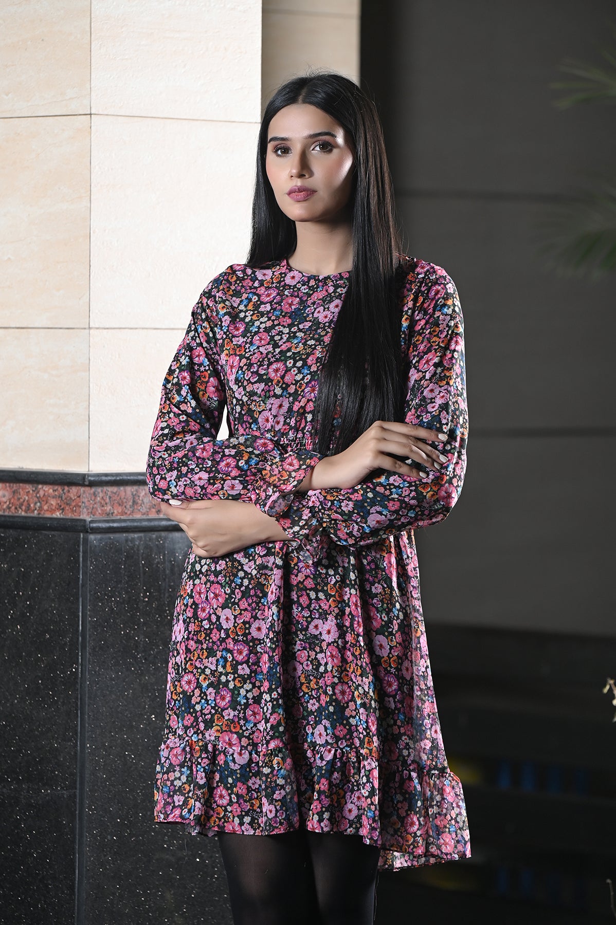 Knee Length Printed Chiffon Top Multi